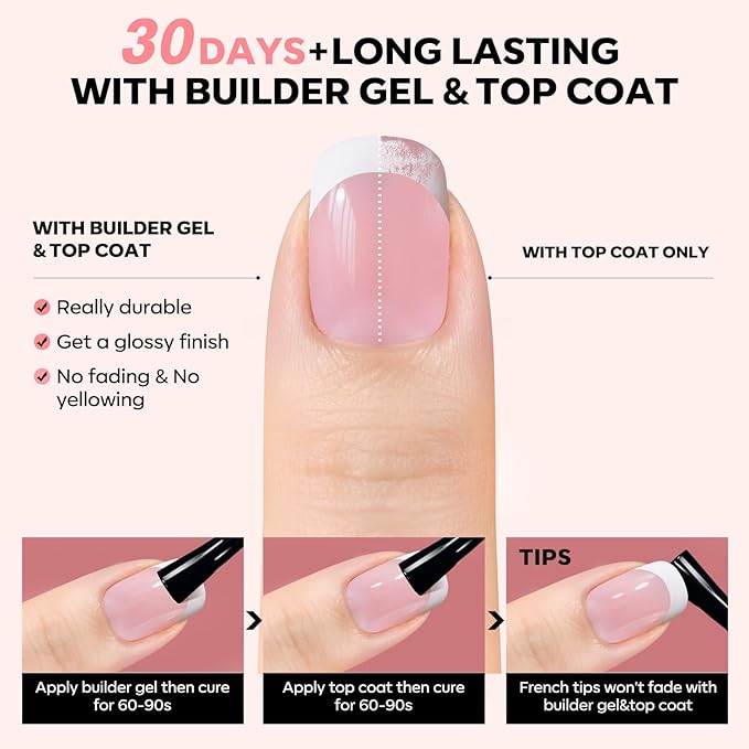 modelones French Tip Press on Nails, Short Square Fake Nails with Nail Box, Pink & White Gel Nail Tips for Women, Soft Glue-On Nails for Natural Salon Look, DIY Nail Art Kit