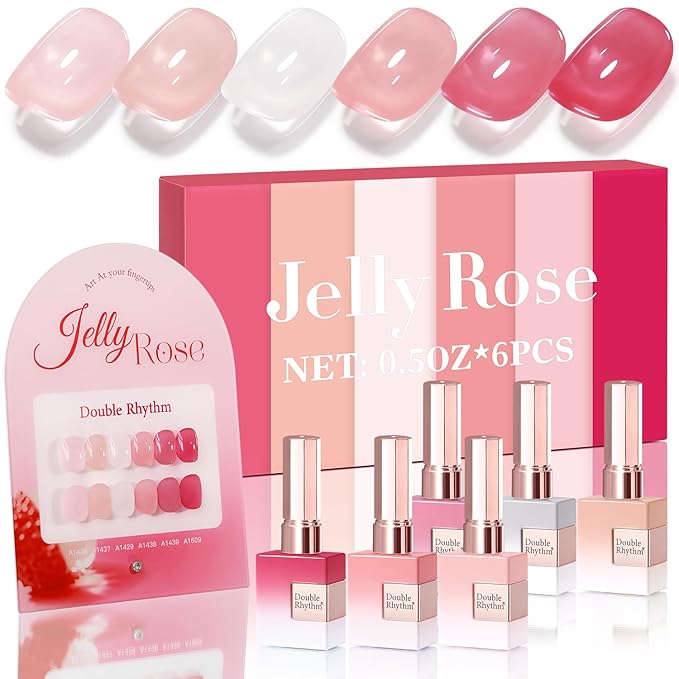 Double Rhythm 6 Pcs 15 ML Gel Polish Set Same Color Same Bottle Soak Off Gel Polish Kit Nail Art Manicure Salon DIY at Home for Women (Milky White Jelly Pink Nude Peach-T6-24)