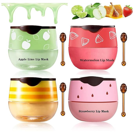 4Pcs Honey Lip Balm Honey Pot Strawberry & Propolis Balm Honey Lip Mask Hydrate Moisturizing Repair Prevent Lip Care Moisturizing Lip Balm Set