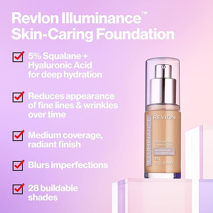 Revlon Illuminance Skin-Caring Liquid Foundation, Hyaluronic Acid, Hydrating and Nourishing Formula with Medium Coverage, 217 Beige (Pack of 1)
