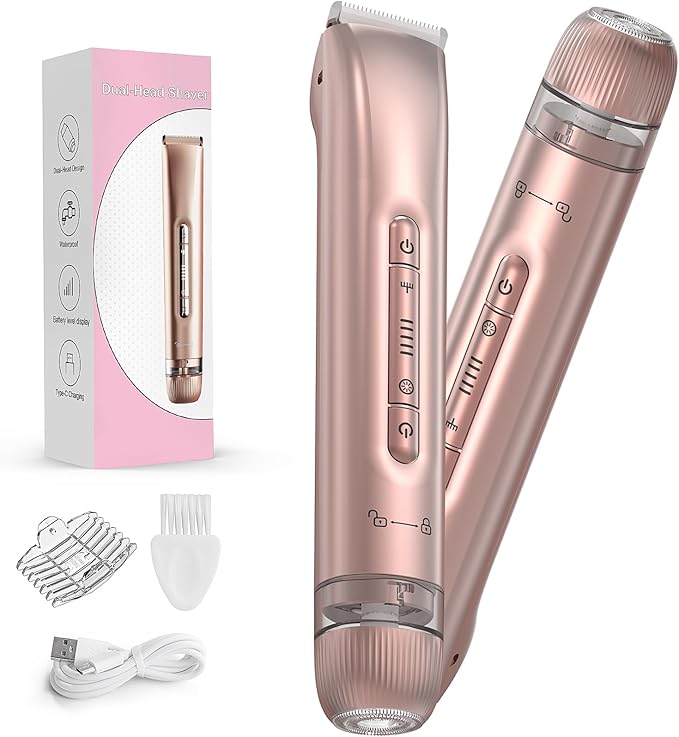 Bikini Trimmer for Women - 2 in 1 Electric Body Hair Trimmer for Silky Skin, Cordless Body Shaver for Travel, IPX7 Waterproof & Easy to Clean, Replaceable Ceramic Blade Heads, Rose Gold
