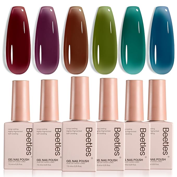 Beetles Jelly Gel Nail Polish Set - 6 Colors Mocha Brown Burgundy Red Purple Green Blue Fall Gel Polish Kit Sheer Translucent Effect Soak Off UV Midnight Syrup Nail Art Manicure Gift for Women