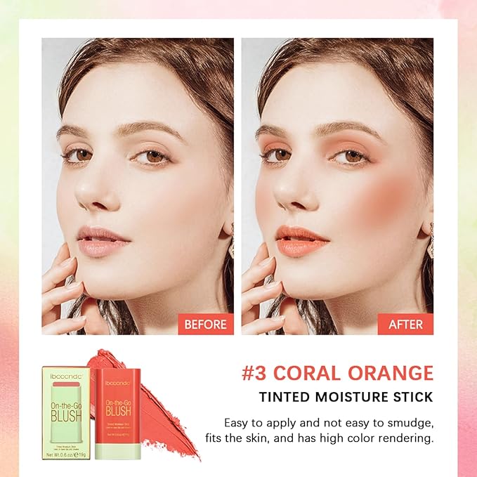 MEICOLY Multi Use Makeup Blush Stick,On-the-Go 2-in-1 Lip Cheek Cream Blush Stick,Waterproof Solid Face Blush Makeup Cheek Tint,Natural Matte Blush Stick for Cheeks,Tinted Moisture Stick,03 Orange