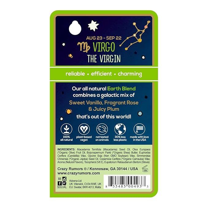 Crazy Rumors Virgo Zodiac All Natural, Plant Based Lip Balm to Moisturize and Nourish your Lips - Earth Blend (Sweet Vanilla, Fragrant Rose and Plum)