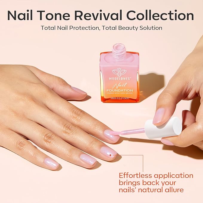 modelones Nail Strengthener, Iridescent Pink Nail Natural Concealer Foundation Polish Air Dry Nail Growth Polish for Damaged Nails Imperfection Masking Gifts for Women 15ml