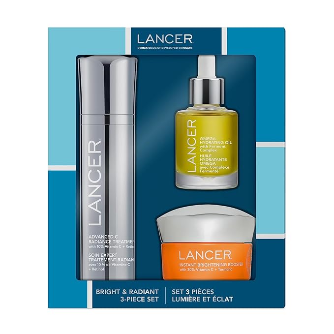 Lancer Skincare Bright & Radiant 3-Piece Set with Instant Brightening Booster, Omega Hydrating Oil, and Advanced C Radiance Treatment for Glowing Skin