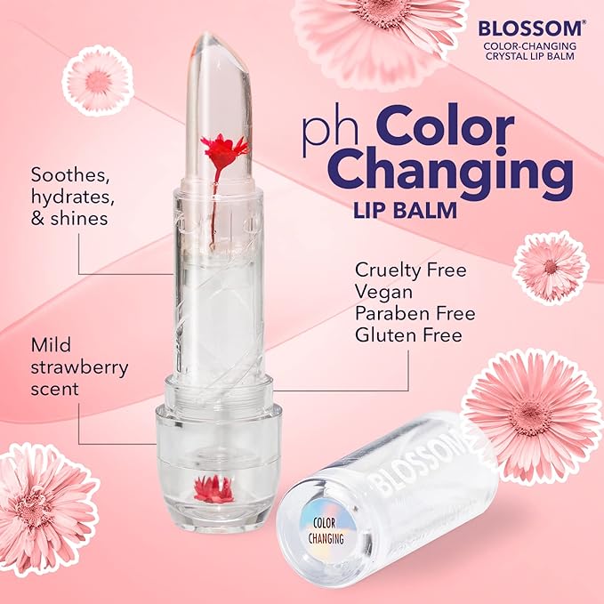 Blossom Moisturizing Custom Color Changing 2 pack, Strawberry Scented Crystal Lip Balm (Red), Shimmer Sparkle Lip Stain Tint (Blush), Infused with Real Flowers, 6g, Red/Blush
