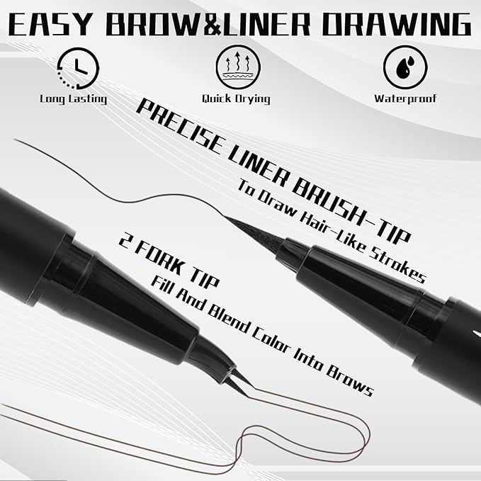 Curved 2 Tip Eyebrow Pen-Brown Eyebrow Pencil With Black Eyeliner 2-in-1 Dual-Ended Create Natural Hair-Like Brows,Waterproof,Smudge Proof,Long Lasting All-Day
