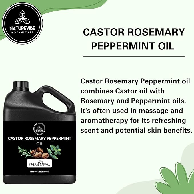 Naturevibe Botanicals Castor with Rosemary and Peppermint Oil 32 Ounces | 100% Pure and Natural | Great for Skin Care and Hair Care