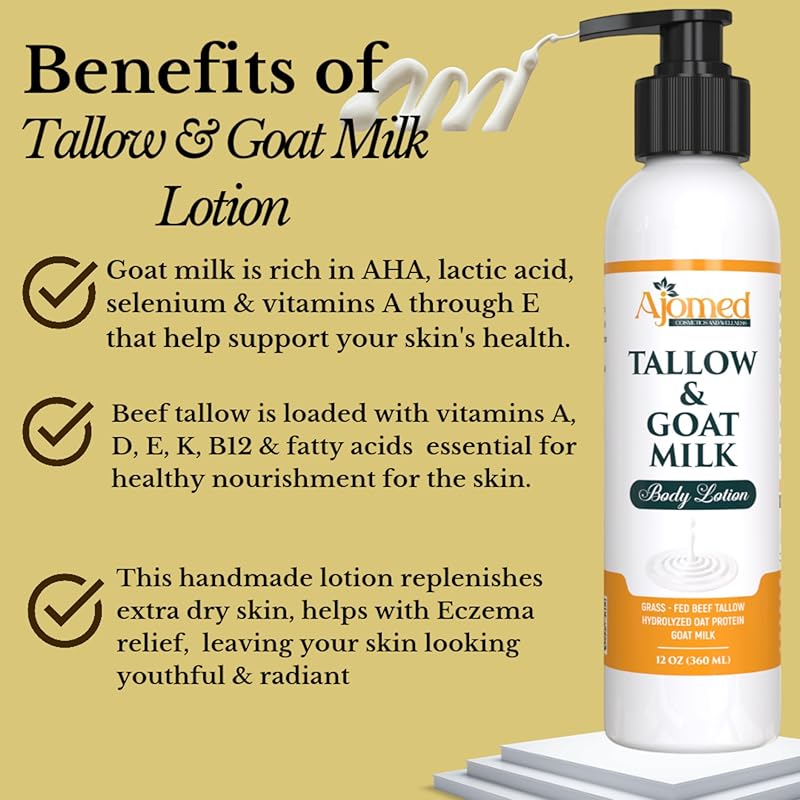 Grass Fed Beef Tallow & Goat Milk Body Lotion for Sensitive Skin, Organic Tallow Lotion - Soothes Dry Patches, Goat Milk Moisturizer - Handmade Tallow Body Lotion (Oatmeal & Honey, 8 Oz)