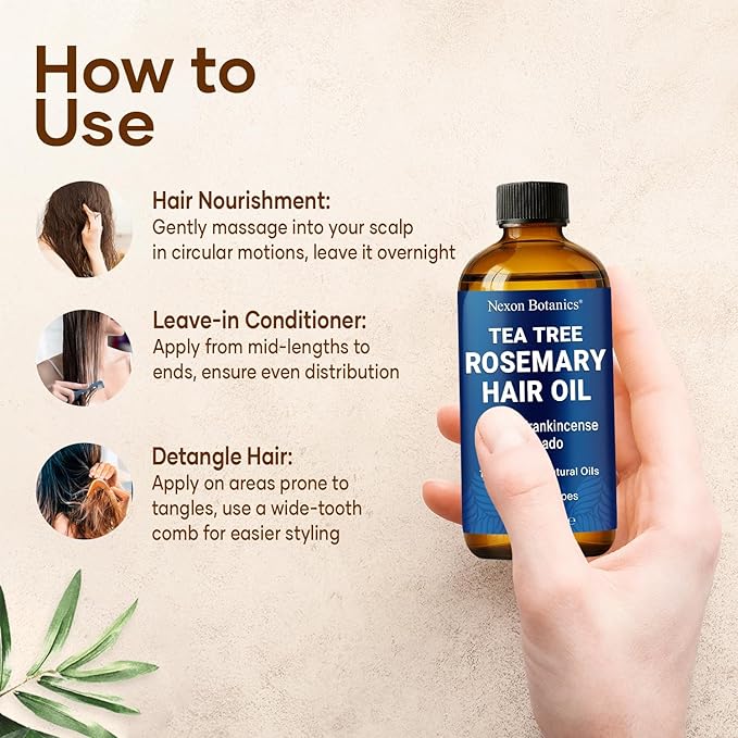 Tea Tree Rosemary Oil for Hair Growth 2 fl oz - Scalp Treatment with Castor, Frankincense & Avocado Oils - For Dry, Damaged Hair - Nexon Botanics