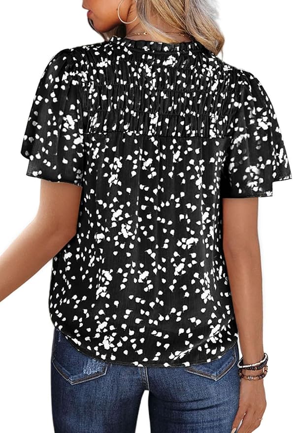 SHEWIN Women's Casual V Neck Floral Print Smocked Short Sleeve Chiffon Blouses Bohemian Top Shirts