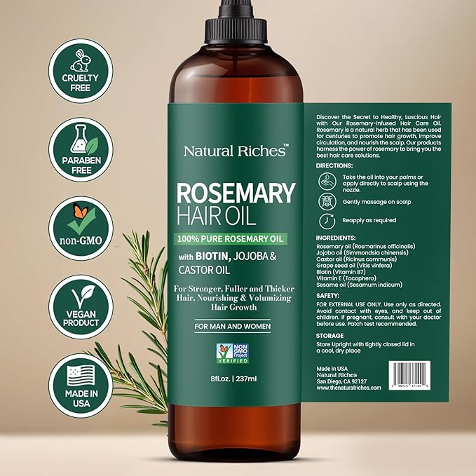 Natural Riches 100% Pure Premium Rosemary Oil For Hair Growth Infused With Biotin & Vitamin E Jojoba & Castor Oil Hair Strengthening Treatment | Nourishing & Volumizing | Non GMO Verified 8 Fl oz.
