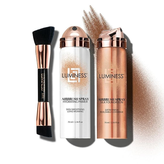 LUMINESS Airbrush Spray Silk Foundation Starter Kit - Deep Rich - Foundation, Primer & Dual-Sided Angled Buffing Brush - Medium, Buildable Coverage, Anti-Aging Formula Hydrates & Moisturizes