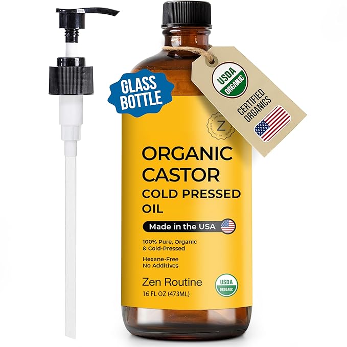Zen Routine New (Glass Bottle) Organic Castor Oil 16oz – Hexane Free – Hair Growth Oil, Eye Lashes & Stomach, 100% Cold Pressed Unrefined Pure for Castor Pack Wrap – USDA Certified, Made in the USA