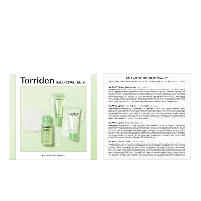 Torriden BALANCEFUL Cica Trial Kit, Gotu Kola Infused Daily Skincare Kit - 4 Step Regimen with Cleansing Gel, Toner Pad, Serum, and Cream | Vegan, Hypoallergenic Korean Skin Care