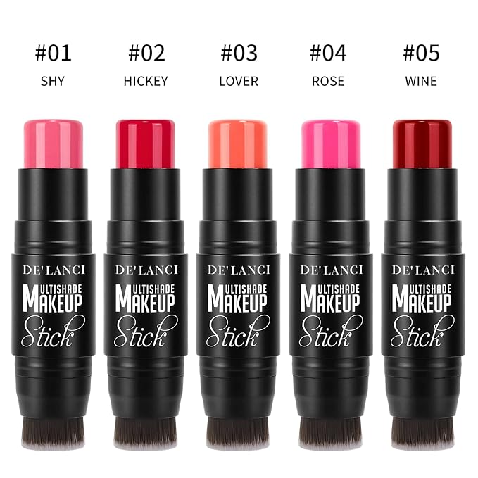 Matte Blush Stick with Built in Brush for Cheeks Summer,Ultra Pigmented Color Pop Makeup Dark Red Blush for Cheeks/Lip/Eyes,DE’LANCI Makeup Gifts for Women/Girl,Travel Size Cute Blush,Cruelty-Free #5