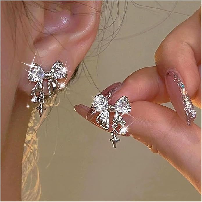 Vintage Crystal Bow Earrings Black Onyx Stud Earrings Silver Tiny Cross Drop Earrings Sparkly Cz Rhinestone Bow Earrings Jewelry for Women
