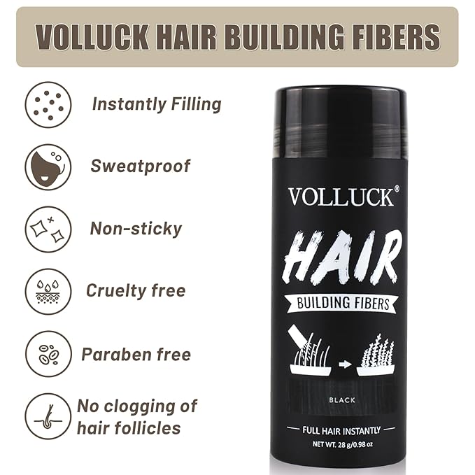 VOLLUCK Hair Fibers for Thinning Hair, Instant Coverage Hair Building Fibers for Women and men, Natural Hair Powder for Conceal Hair Loss 28 g (Black)