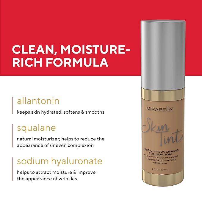 Mirabella Skin Tint Creme Liquid Foundation Makeup, Oil-Free Mineral Foundation for Medium Coverage - w/Hyaluronic Acid, Squalane, & Allantoin for All Skin Types - IIN Neutral