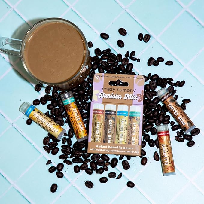 Crazy Rumors Barista Mix Lip Balm 4-Pack Mix (Amaretto, French Vanilla, Coffee Bean & Spiced Chai) 100% Natural, Vegan, Plant-Based, Made in USA