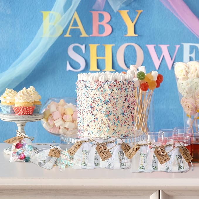 Demissle 50 Pcs Baby Shower Lip Balm Gift Set with 100 Pcs Organza Bags Baby Shower Party Favor for Guest Thank You Tag Rope Baby Shower Party Decoration Gender Reveal Souvenirs (Leaves)