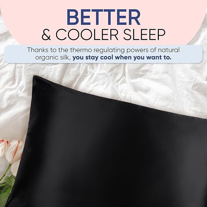 Blissy Silk Pillowcase - 100% Pure Mulberry Silk - 22 Momme 6A High-Grade Fibers - Silk Pillow Cover for Hair & Skin - Regular, Queen & King (Black, Queen)