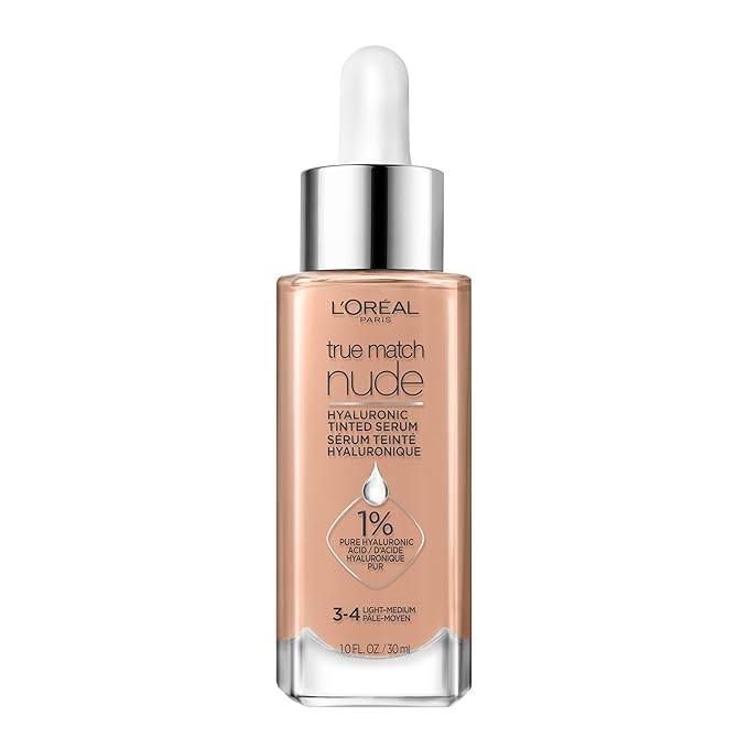 L'Oreal Paris True Match Nude Hyaluronic Tinted Serum Foundation with 1% Hyaluronic acid, Light-Medium 3-4, 1 fl. oz.