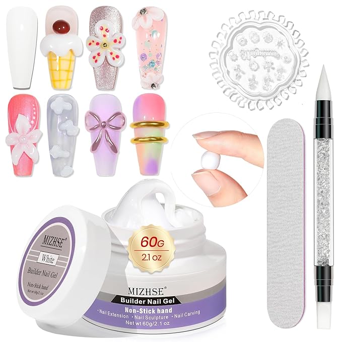 MIZHSE Solid Builder Gel for Nails, 60g White 3D Gel Nail Art Sculpting Non-Sticky Carving Hard Extension Soak Off UV LED for Salon Manicure Home DIY