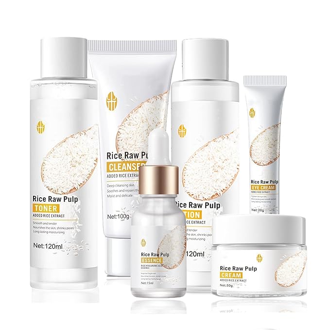 Skincare Gifts for Teenage Girls - Rice Raw Pulp Skin Care Sets & Kits - 6PCS Pamper Gifts for Women with Facial Cleanser-Toner-Eye Cream-Essence-Emulsion-Cream - Gift Set for Firming Hydrating Skin
