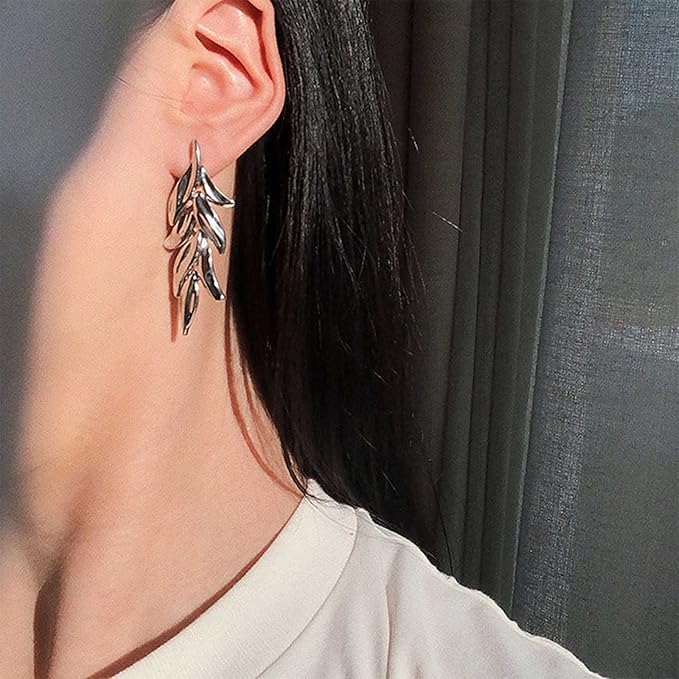 Statement Leaf Dangle Drop Earrings Vintage Silver Leaf Cluster Drop Earrings Punk Large Leaf Dangle Earrings Bridal Earring Wedding Prom Earring Jewelry for Women and Girls