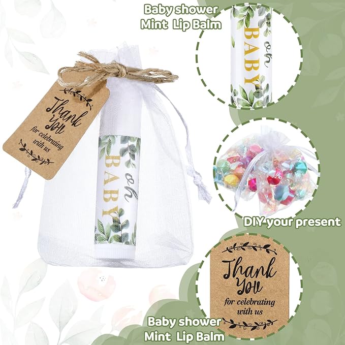 Demissle 50 Pcs Baby Shower Lip Balm Gift Set with 100 Pcs Organza Bags Baby Shower Party Favor for Guest Thank You Tag Rope Baby Shower Party Decoration Gender Reveal Souvenirs (Leaves)