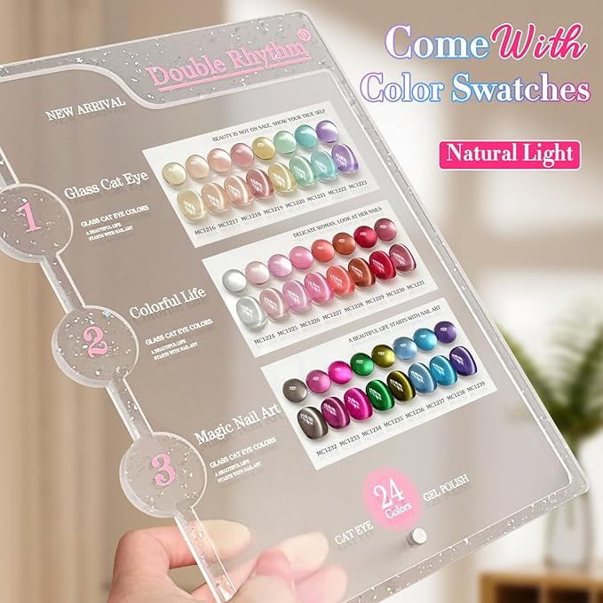 Double Rhythm 28Pcs 0.5Oz Glass Cat Eye Gel Nail Polish Set Same Color Same Bottle Soak Off Magnetic Jelly Gel Polish Kit Nail Art Manicure Salon DIY at Home (Nude Pink Blue Green-T24-10)