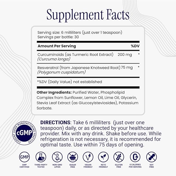 Liposomal Curcumin + Resveratrol (1 Pack) – Ultra High Absorption Liquid Curcumin Supplement – Promotes Joint Comfort, Mobility, Cellular Health and Overall Well-Being