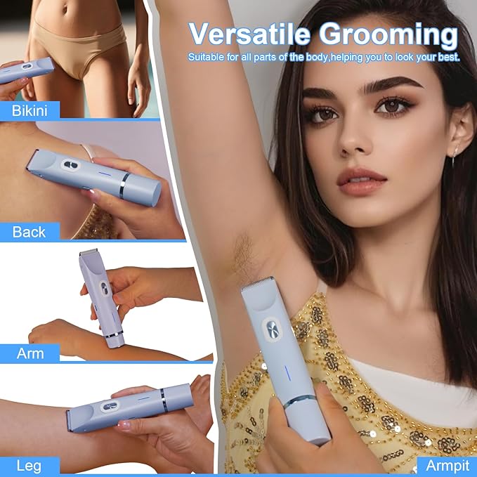 Electric Bikini Trimmer for Women, 2-in-1 Waterproof Painless Hair Removal, Face Body Private Area Shaver, Blue