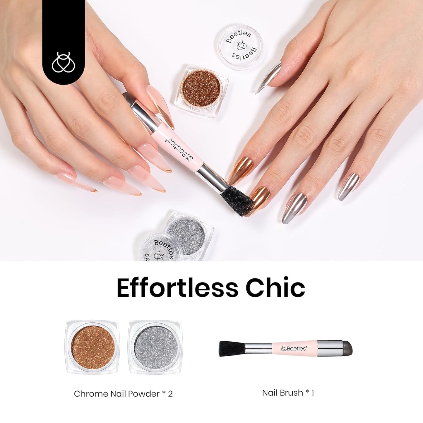 Beetles Gold Chrome Nail Powder, 2 Colors Holographic Chrome Powder Mirror Effect with Nail Brush for DIY Gel Polish Manicure Nail Decoration Glitter