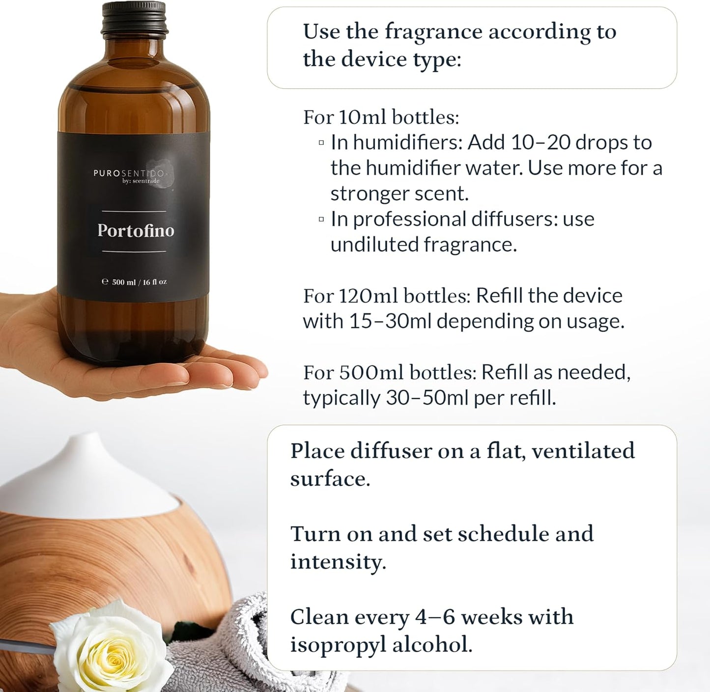 PuroSentido Portofino Aroma Oil (500 ml) - Luxury Essential & Fragrance Oil for Diffusers and Humidifiers, Sicilian Lemon, Rosemary and Musk Home & Hotel Scent