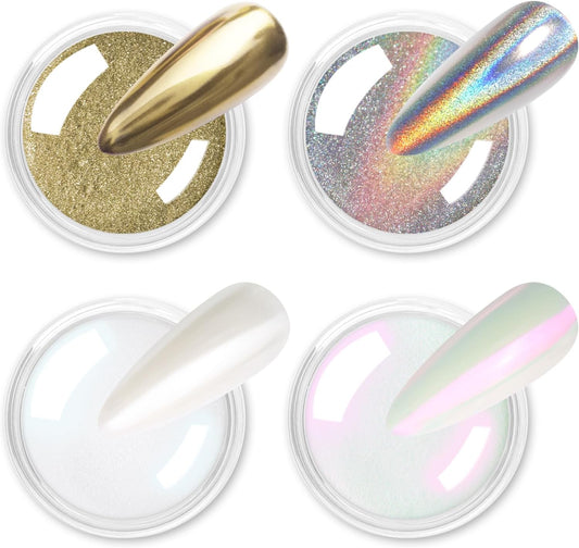 Allstarry Chrome Nail Powder 4pcs White Pearl Chrome Pigment Powder Iridescent Holographic Nail Glitter Dust Metallic Mirror Effect Pigment for Nail Gel Manicure DIY at Home Salon Women Gifts