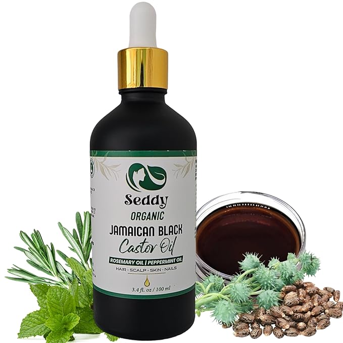 Seddy Organic Jamaican Black Castor Oil - with Rosemary & Peppermint in Glass Bottle - Cold Pressed | Hexane-Free | Promotes Hair Growth | Strengthens Hair | Hair Treatment Oil - 3.4 Fl. Oz