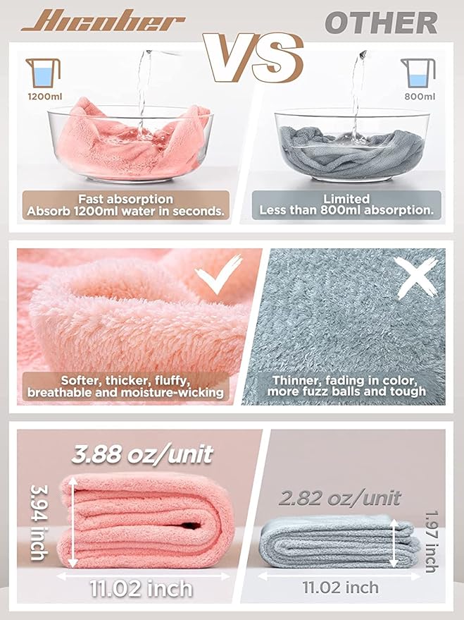 Hicober Microfiber Hair Towel, 3 Packs Hair Turbans for Wet Hair, Drying Hair Wrap Towels for Curly Hair Women Anti Frizz (Blue,Grey,Pink)