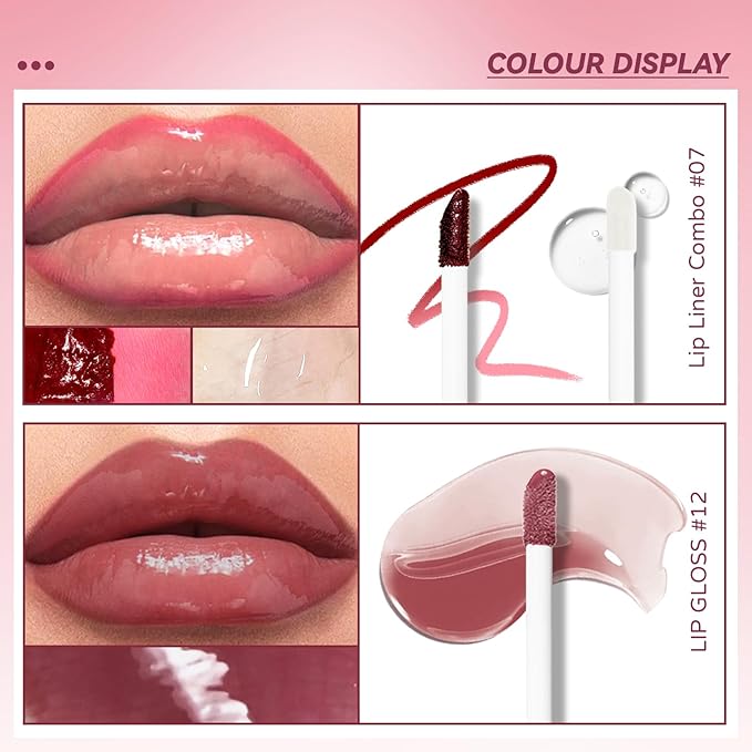 Dual-Ended Peel Off Lip Stain Liner, Long Lasting Waterproof Peel Off Lip Liner Tattoo with Nourishing Clear Gloss Combo Set, Transfer-Proof Non-Stick Cup Shiny Lips Tint Lipstick Makeup07