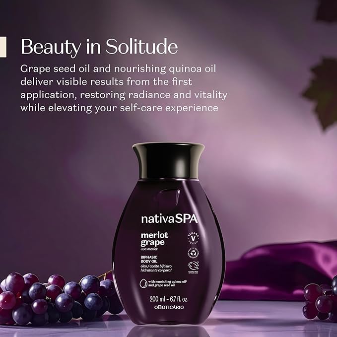 Nativa SPA by O Boticário Merlot Grape Biphase Body Oil, with Quinoa & Grapeseed Oils, Silky Glow with Hydration, 6.7 Ounce (200ml)