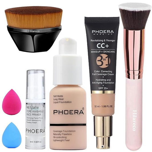 PHOERA Foundation,PHOERA CC Cream Foundation Color Correcting Anti Aging Hydrating Serum &SPF 25+,PHOERA Primer, PHOERA Makeup Foundation, Makeup Brushes (101 Porcelain+120 Nude CC Cream)