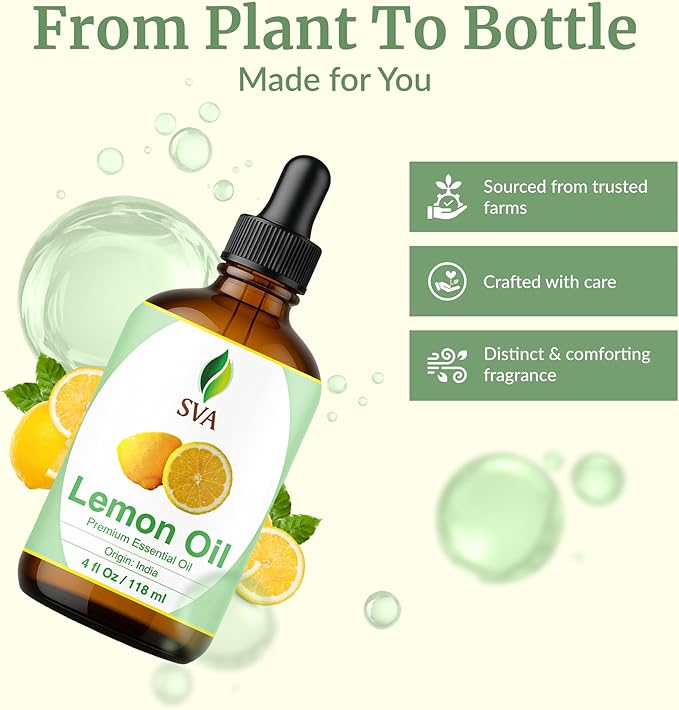 SVA Lemon Essential Oil – 4 Fl Oz – 100% Natural Lemon Oil - for Diffuser, Hair Care, Face, Skin Care, Aromatherapy, Scalp and Body Massage, Soap and Candle Making – with Dropper