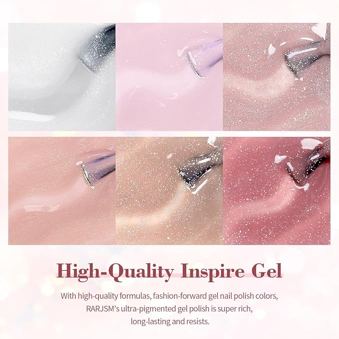 RARJSM Glitter Nude Gel Nail Polish 6pcs Set Shimmery Nail Gel Polish Iridescent Sparkly Gold Rainbow Pigment Jelly Sheer Pink Milky Silver White Translucent Natural Skin Tone Color 7.5ml Soak off