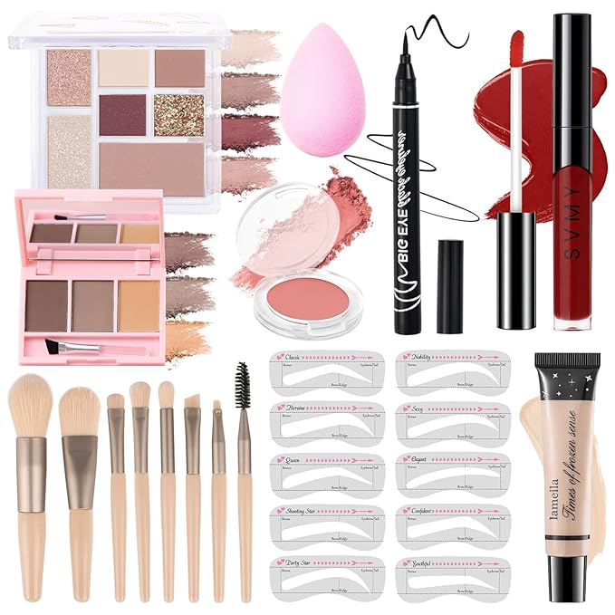 Makeup Kit for Teens Girls, Makeup Present Set for Women, Makeup Full Kit for Beginners, Mini Makeup Bundle Include 7 Puce colors Matte & Shimmer Pigmented Eyeshadow Palette, Eyebrow Powder