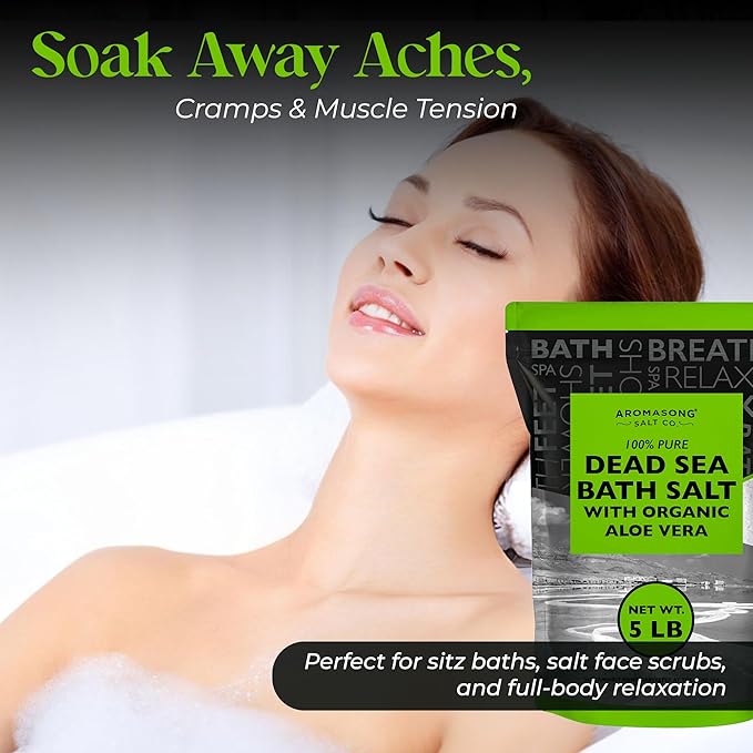 Aromasong Dead Sea Salt with Organic Aloe Vera, Spa Bath Salts, 5 Lbs Fine Bulk resealable Pack, 100% Pure & Natural, Soak for Women & Men for Tired Muscles & Skin Issues (Packaging May Vary)