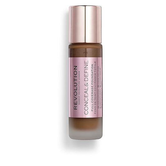 Makeup Revolution Conceal and Define Foundation, Full Coverage & Matte Finish, F15 for Dark Skin Tones, Vegan & Cruelty-Free, 0.7 Fl Oz