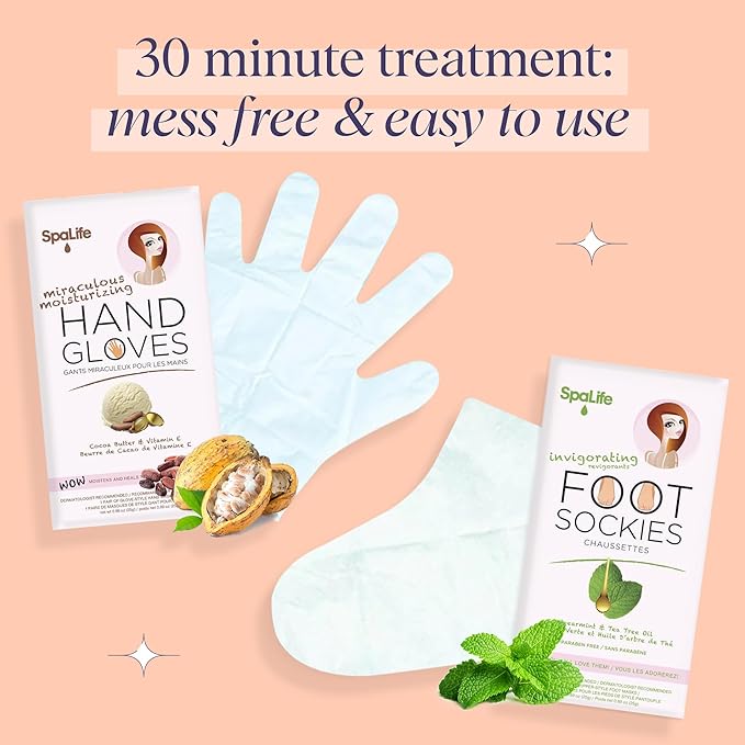 SpaLife Moisturizing Hand Gloves and Foot Sockies Bundle - 4 Hand Gloves & 4 Foot Sockies Set for Hydrating Dry, Cracked Hands and Feet - Repairing Skincare Mini Gift Set
