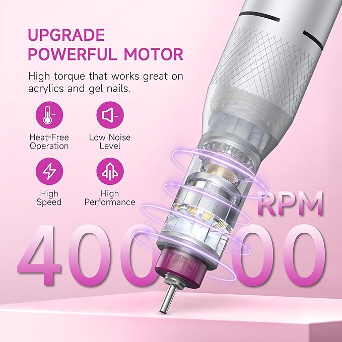 Electric Nail Drill Professional, Portable Nail File for Acrylic Gel Nails, Cordless Rechargeable Ultra Power Nail Drill Kit 40000RPM, HMC320 Salon-Grade Efile Nail Machine (White)